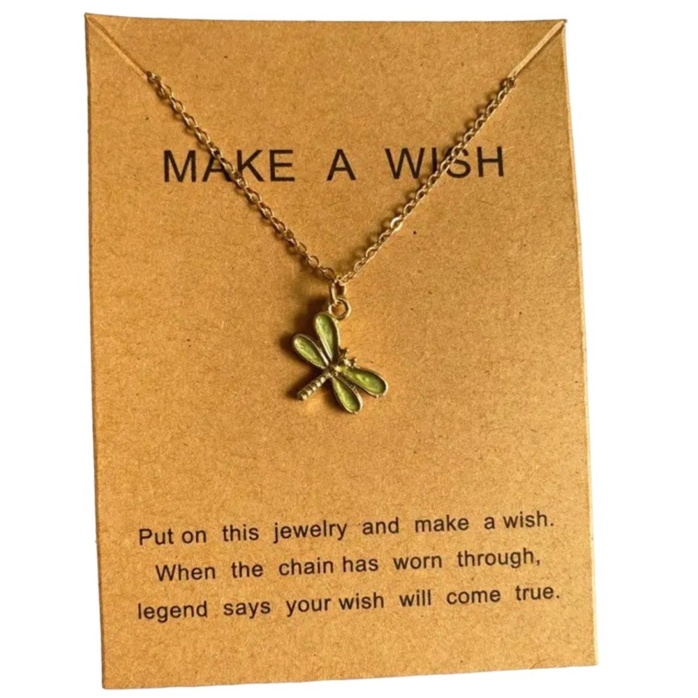 Green Dragonfly necklace & card Make a Wish Gold Jewelry